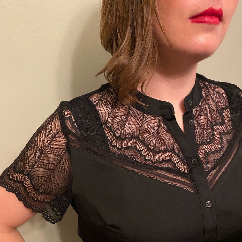 Silky Black Lace Top with Gathered Waist